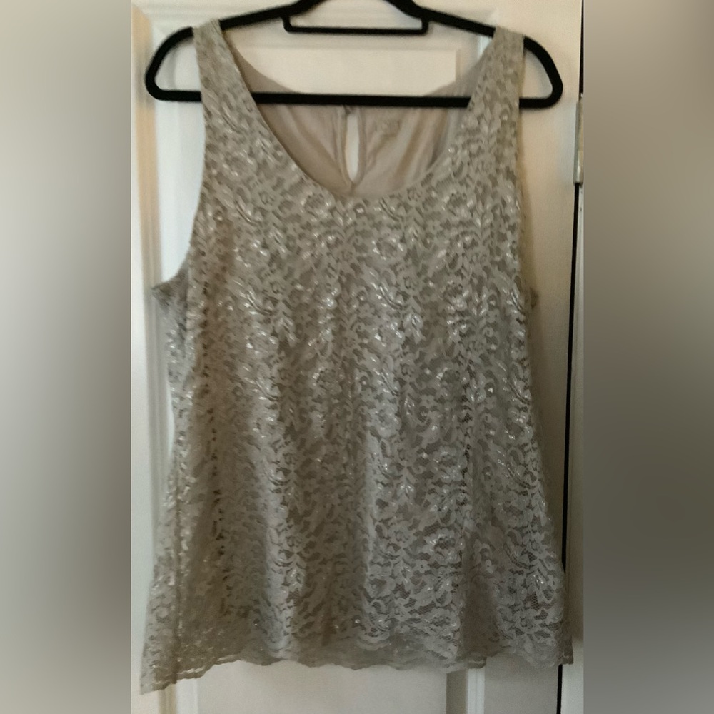 Gray and silver metallic lace tank top